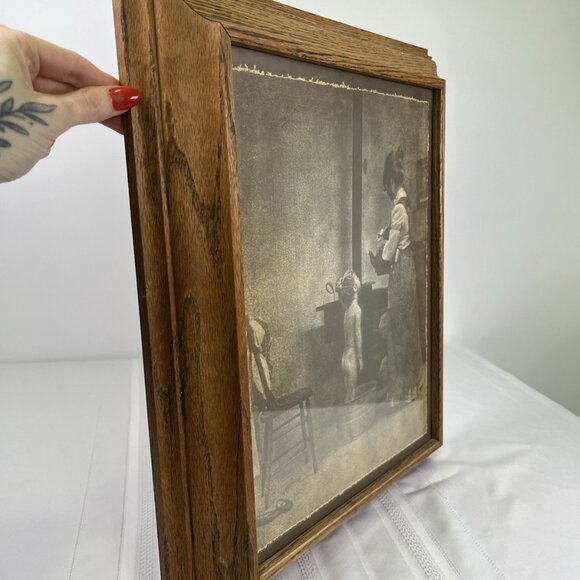 VTG Rolland Hendrickson Oak Wood Framed Art Print Mother Bathing Child Rustic - Picture 2 of 8